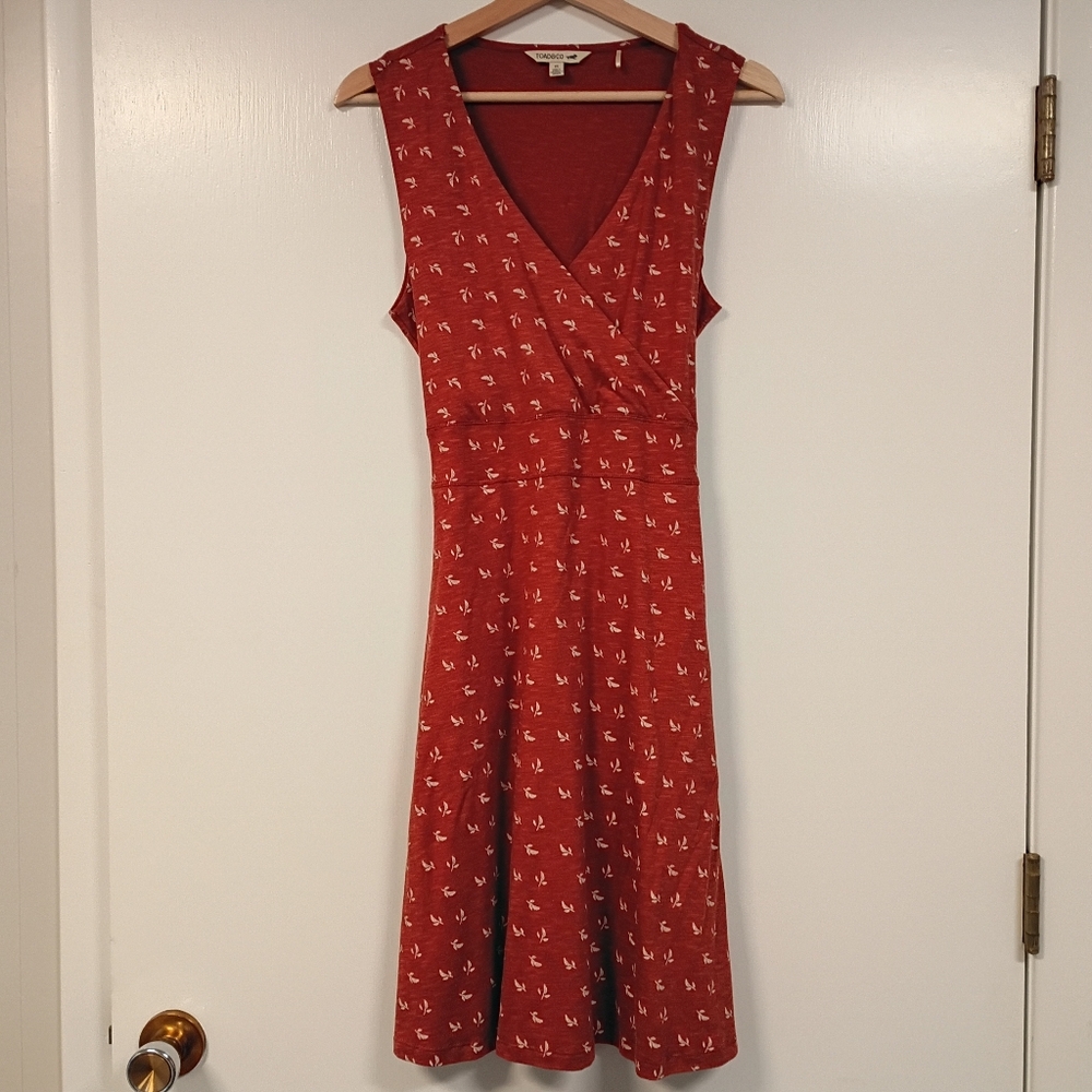 Toad & Co Women's Cue Sleeveless Dress Sz M Rust Leaf Print Tie Waist Pockets